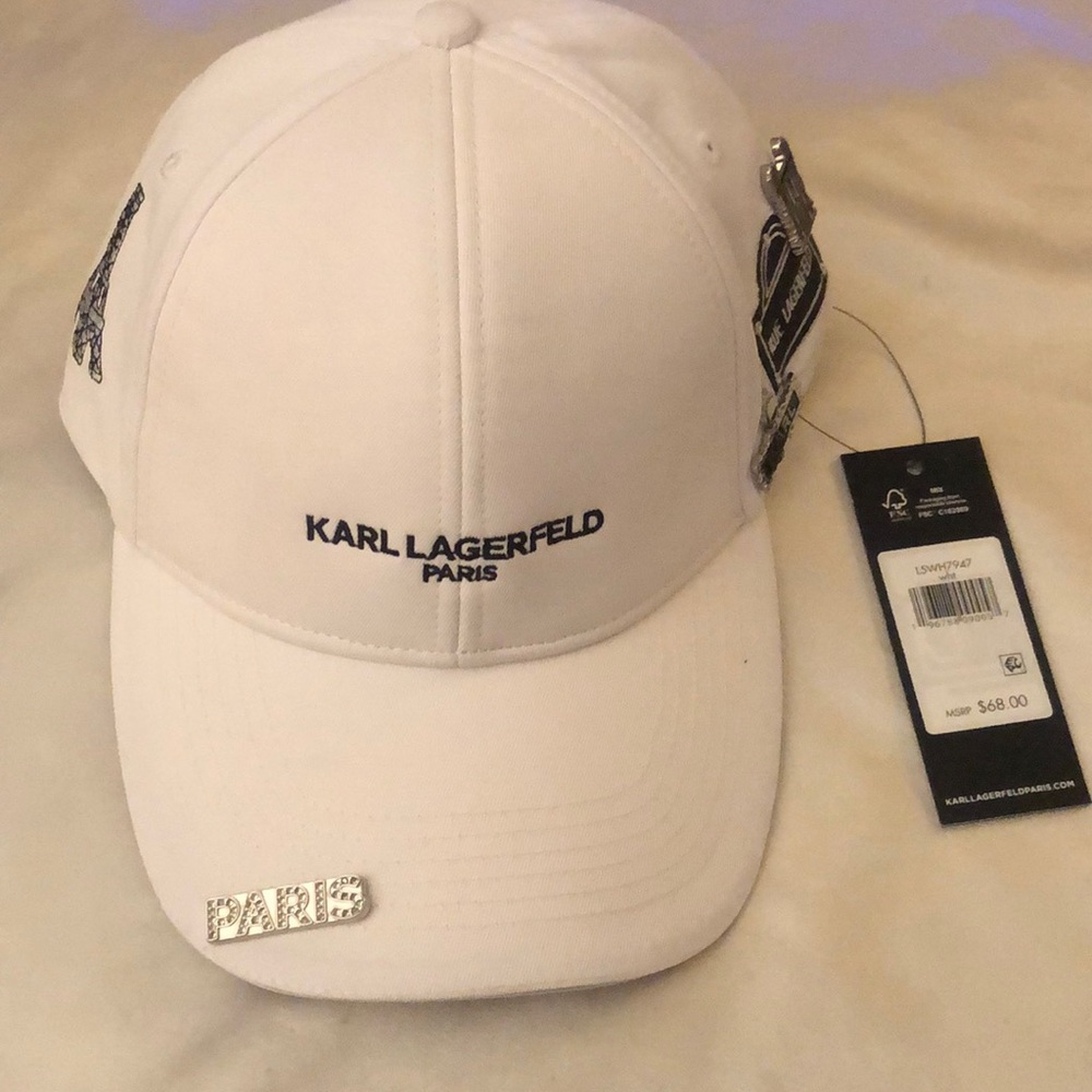Karl Lagerfeld White & Black Adjustable Baseball Cap Paris Patches & Pins OS NWT